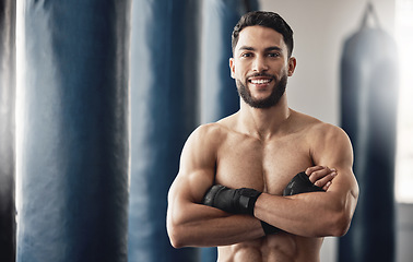 Image showing Boxing training, workout portrait and boxer for sports motivation, fitness for wellness and sport exercise at the gym. Strong, healthy and smile athlete with muscle power for competition fight