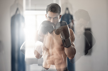 Image showing Fitness exercise with motion blur, sports man action training in gym and mma workout body motivation portrait. Strong muscular athlete boxer in sportswear, muay thai arms in action and boxing gloves