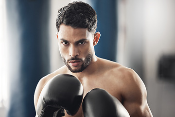 Image showing Mindset, fitness or sports boxer man with workout, training and exercise for health and wellness in gym. Sport, fight and athlete or personal trainer with motivation, vision and hands ready for event