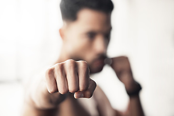 Image showing Boxer fist, fitness training and gym exercise for wellness, exercise for sports health and motivation for fight competition with power. Athlete boxing for cardio with background bokeh at club