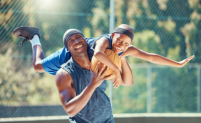 Image showing Basketball court, father and child smile together with playful and funny moment in game together. Happy, fun and healthy black family have outdoor bonding time in sports exercise break.