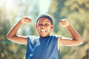 Image showing Children, sports and fitness with a strong boy flexing his biceps and having fun with sport outside. Kids, training and workout with a young male child outdoor for exercise, recreation or development