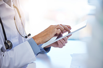 Image showing Doctor tablet, hospital planning and consulting with people on the internet, reading clinic schedule and communication online at work. Healthcare nurse typing on technology while working as a medic