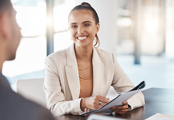 Image showing Business contract, client and woman marketing employee with a smile in a meeting room. Happy corporate worker working on advertising pitch for a b2b and crm partnership feeling happiness and success