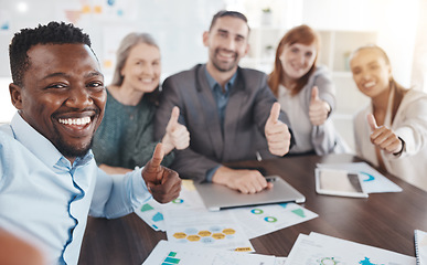 Image showing Thumbs up, team success and diversity of office employee team happy and motivation of teamwork. Thank you, winner and yes hand sign of business workers smile doing a collaboration and corporate goal