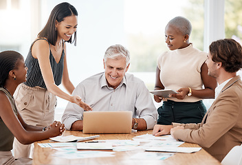 Image showing Digital vision, diversity and teamwork of a happy team in an office tech accounting meeting. Corporate business meeting of finance workers working and planning a finance agenda and financial project