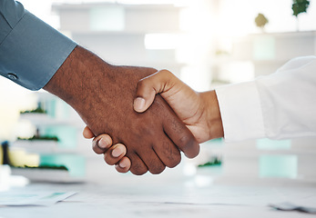 Image showing Management shaking hands, business meeting and consulting, hiring and agreement for deal, partnership and collaboration in office. Teamwork welcome handshake, promotion opportunity and welcome hello