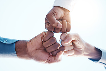 Image showing Fist bump, group support and team success in meeting at work, celebration of corporate win and team building in office. Hands of business employees giving motivation and agreement while planning