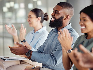 Image showing Applause, motivation and success with a business team clapping during a workshop for learning, coaching and development. Collaboration, teamwork and goal with a crowd in celebration of an achievement