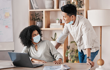 Image showing Covid face mask, personal space and business people talking in meeting, rejecting social distancing on laptop and frustrated with coworker. Employees working together with coronavirus regulations