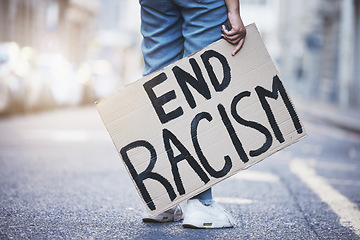 Image showing Protest poster to end racism, stop race discrimination and human rights legal justice, equality and freedom for world peace. Street activist fight for social change, rally and solidarity revolution
