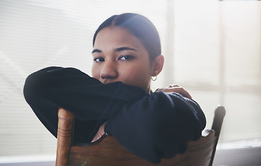 Image showing Depression, mental health and anxiety for girl on chair with stress from life, problem and loneliness. Portrait of a sad, lonely and depressed gen z teen woman suffering from mind or mental disorder