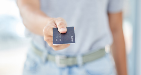 Image showing Woman hands giving credit card for money, finance and payment for shopping, capital investment and trade. Closeup of customer, commerce wealth and banking exchange from atm account for sales economy