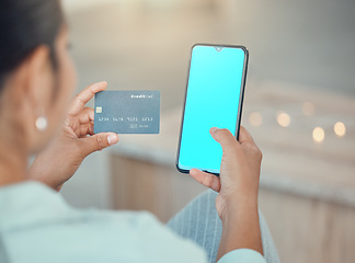 Image showing Online shopping, credit card and green screen phone with woman doing payment, ecommerce and banking. Consumer female using fintech finance and paying with internet and bank website app on smartphone