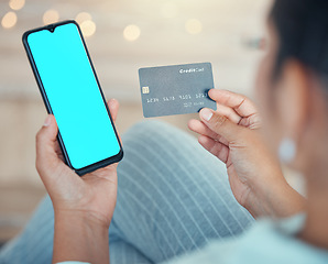 Image showing Green screen, woman with phone and credit card in hand for online shopping, ecommerce and payment. Fintech, finance and online payment with digital, internet and bank website app on smartphone.