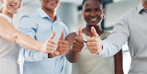 Image showing Success, collaboration and team thumbs up of diversity group of office workers happy in a office. Business smile, employee teamwork and yes hands gesture and community work support and thank you
