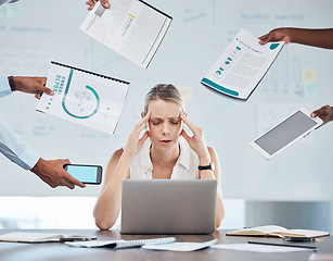 Image showing Business woman stress, anxiety and mental health burnout in busy, challenge crisis and frustrated office workplace. Worker headache, poor time management and tired from job pain problem and tax audit