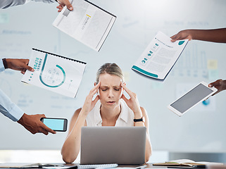 Image showing Stress, anxiety and business woman working under pressure with mental health burnout in busy, task crisis and frustrated office. Manager with headache and poor time management during tax audit report