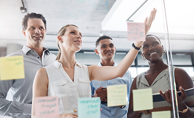 Image showing Idea wall, post it and team conversation with business strategy brainstorm notes in glass room. Vision board goal planning in professional corporate meeting discussion together at office.