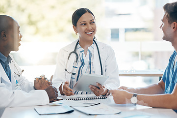 Image showing Doctors and nurse in meeting with tablet for telehealth finance planning, hospital kpi report and medical budget. Teamwork, group of people and healthcare worker happy with document results analysis