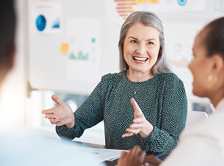 Image showing Senior woman, leadership and business meeting with office team for planning vision, collaboration and strategy in startup company. Happy manager coaching staff with motivation in agency discussion