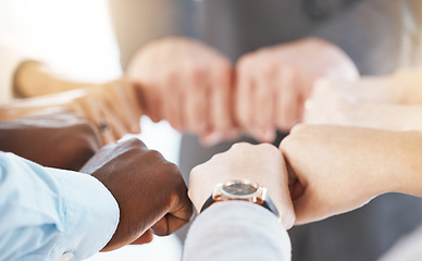 Image showing Diversity business hands fist bump for teamwork, collaboration or solidarity in corporate workplace. Group of people and hand sign icon for community, working together or inclusion support background