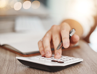 Image showing Calculator, budget and financial hands planning numbers, banking and trade cost, savings and company audit. Closeup man in asset management, accounting pay and investing taxes finance for bookkeeping