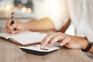 Image showing Calculator, budget and accountant hands planning finance, banking and investment cost in trading, savings and economy audit. Closeup of accounting man investing money for cash flow, payroll and taxes