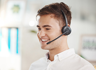 Image showing Happy sales man, call center agent, and contact us telemarketing worker customer service help desk in office. Smile salesman connect on headphones for crm consulting, support advice and consulting