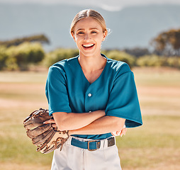 Image showing Woman, baseball and sports athlete on field in stadium for training, exercise and workout. Portrait, smile or happy professional player with glove, ball and motivation for health goal or game fitness