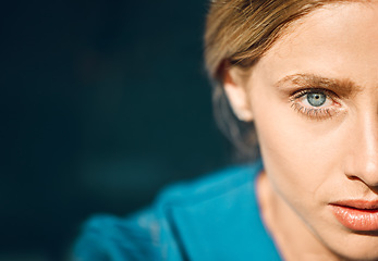 Image showing Blue eyes, woman or face with vision, innovation idea or planning in security, humanity or safety. Zoom portrait, model skin or texture of thinking person on mockup background with memory inspiration