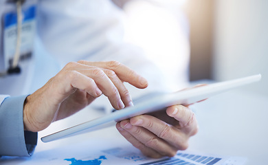 Image showing Tablet, business worker and digital research of a employee using technology to work. Hands typing, working and doing IT web analytics for a cloud computing project with help from tech ux paper data