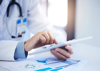 Image showing Internet, digital and doctor on tablet in hospital for research and analysis. Healthcare, medicine and medical care and doctors using technology, science and online for modern innovation