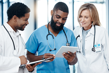 Image showing Hospital teamwork, digital tablet and healthcare planning, medical analytics and wellness collaboration of doctors, nurse and surgeon in collaboration. Diversity clinic workers consulting online tech