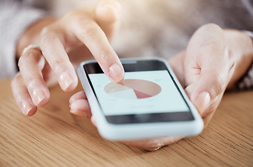 Image showing Woman with phone, work on digital chart or graph for online work at fintech company. Closeup of smartphone in lady hands on table, with financial performance data or analytics of finance business