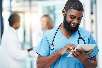 Image showing Hospital nurse and man on tablet for medical news on science breakthrough with online app. Healthcare worker checking digital device for medicine research announcement on social media.