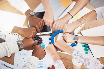 Image showing Acounting team, collaboration and hands for collaboration, teamwork and diversity during meeting for motivation, planning and management meeting, Crm and data analysis men and women in unity