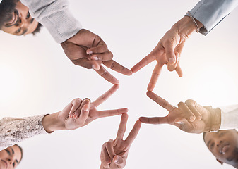 Image showing Peace hands, collaboration group and motivation for support, solidarity and partnership together. Below of teamwork people making start emoji with fingers for trust, hope and commitment to vision