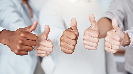 Image showing Thumbs up, diversity and a yes sign by business people in a startup company or successful marketing agency. Hands, collaboration and team of workers that approve of a global partnership and support