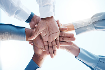 Image showing Business teamwork, partnership hands in company diversity working together and office meeting. Career development growth, employee goal success in corporate and professional support staff community