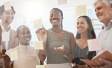 Image showing Sticky note, business planning and happy employees working on creative idea, collaboration for marketing strategy and smile during meeting discussion. Team writing on paper for design at work