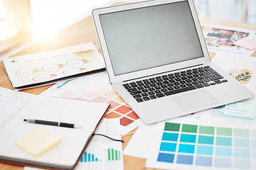 Image showing Laptop, color swatch and paper documents for interior design idea, creative startup and innovation vision. Zoom on technology, notebook or infographic chart data for office company website background