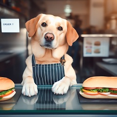 Image showing dog working hard behind the counter 