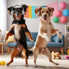 Image showing your dogs using headphones and dancing