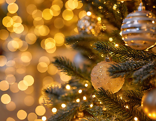 Image showing christmas tree closeup with bokeh lights copyspace generative ai