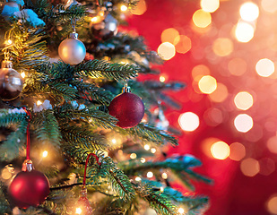 Image showing christmas tree closeup with bokeh lights copyspace generative ai