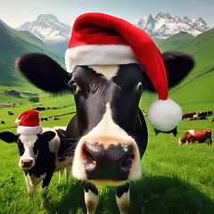 Image showing cow in the field wearing santa hat generative ai