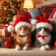 Image showing two beautiful cats wearing santa hats 