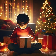 Image showing young child opening a wondrous glowing gift