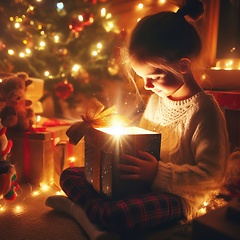 Image showing young child opening a wondrous glowing gift